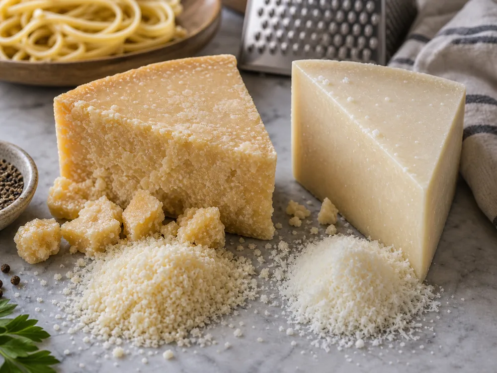 Hard Parmesan and pecorino wedges with grated cheese piles - Parmesan vs Pecorino | KnowTheCheese