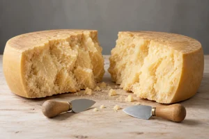 Wheel of hard cheese split into two halves beside two almond-shaped knives - Parmigiano-Reggiano | KnowTheCheese