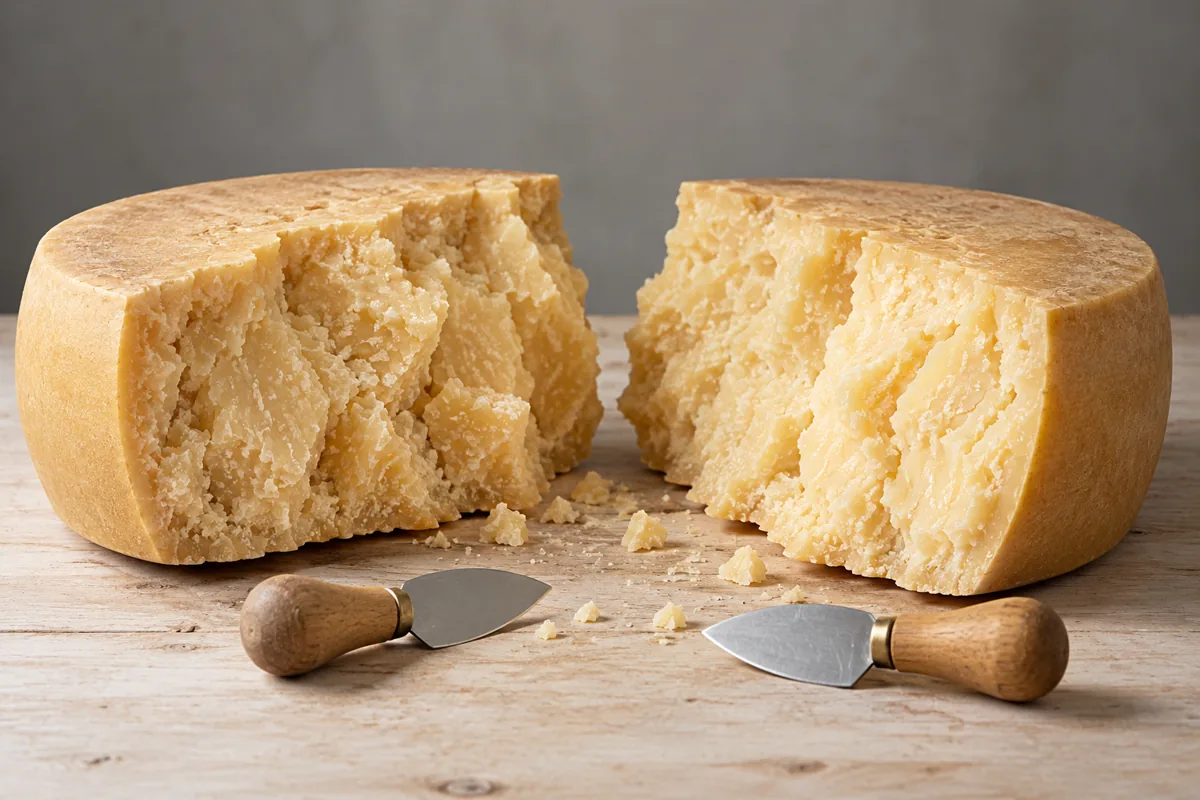 Wheel of hard cheese split into two halves beside two almond-shaped knives - Parmigiano-Reggiano | KnowTheCheese