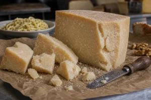 Parmigiano-Reggiano-style hard cheese wedge with crystalline chunks, rough paper, and cheese knife - Parmigiano-Reggiano | KnowTheCheese