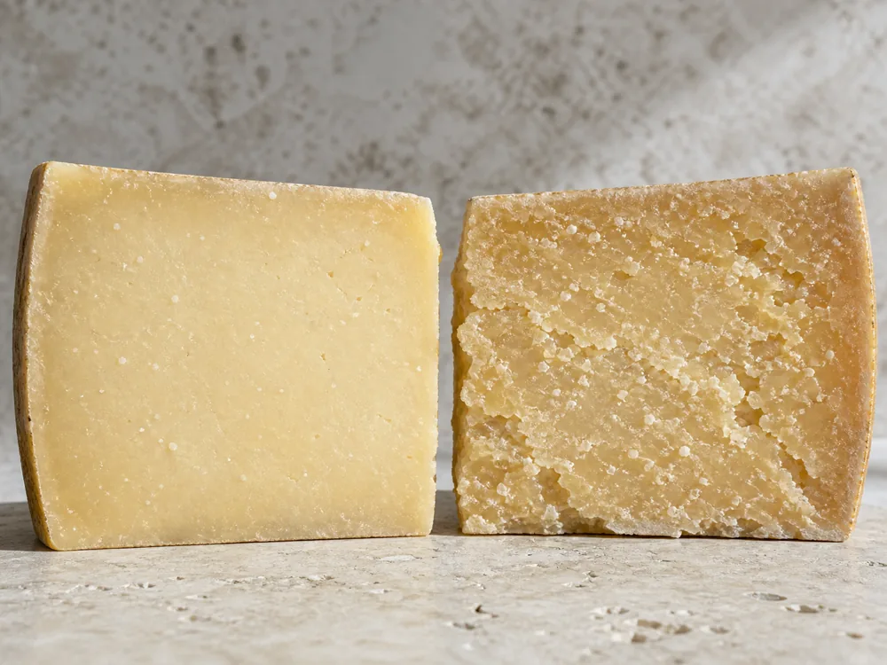 Younger and older Parmigiano-Reggiano portions showing differences in dryness and crystals - Parmigiano-Reggiano | KnowTheCheese