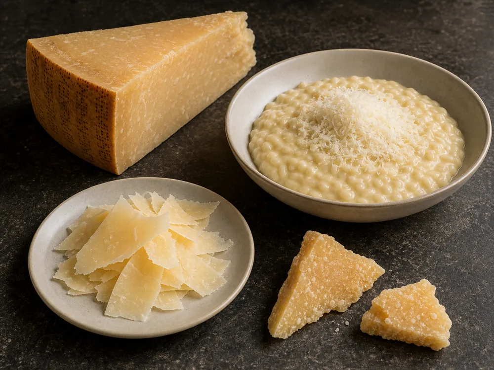 Parmigiano-Reggiano wedge with grated cheese on risotto, shaved ribbons, and mature shards - Parmigiano-Reggiano | KnowTheCheese