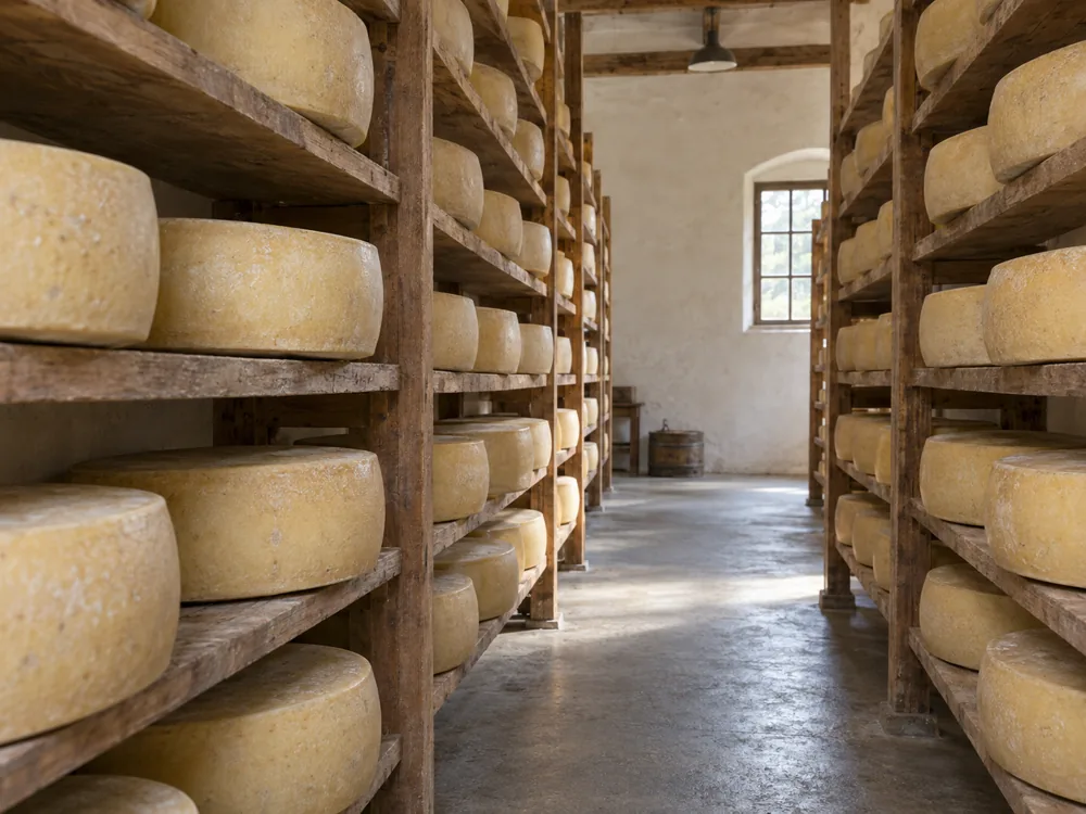 Rows of large round hard cheese wheels on tall wooden shelves in a maturation room - Parmigiano-Reggiano | KnowTheCheese