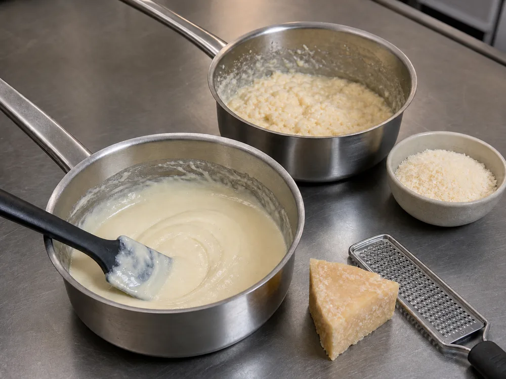 Smooth freshly grated hard-cheese sauce beside a grainy pre-grated Parmesan sauce test - Parmigiano-Reggiano vs Parmesan | KnowTheCheese