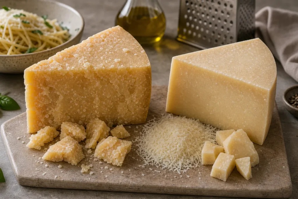 Parmigiano Reggiano and Parmesan wedges beside grated cheese.