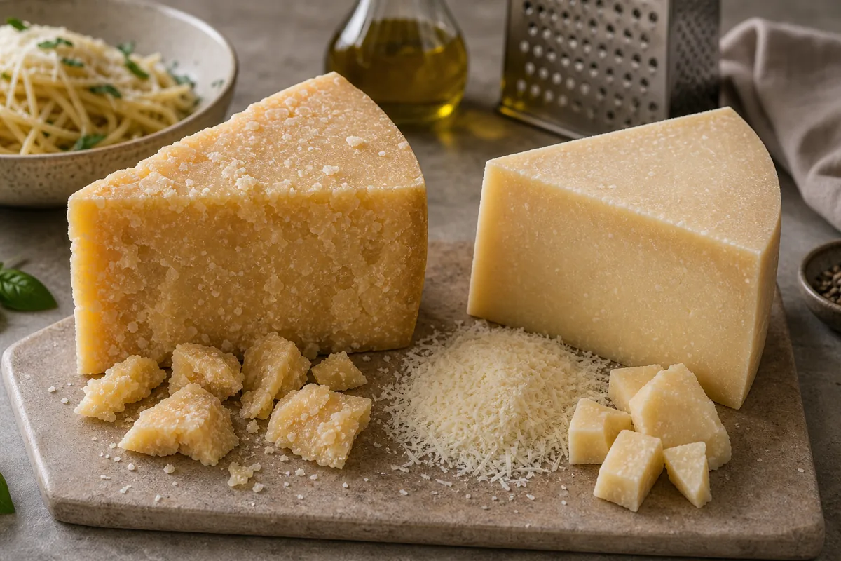 Parmigiano Reggiano and Parmesan wedges beside grated cheese.