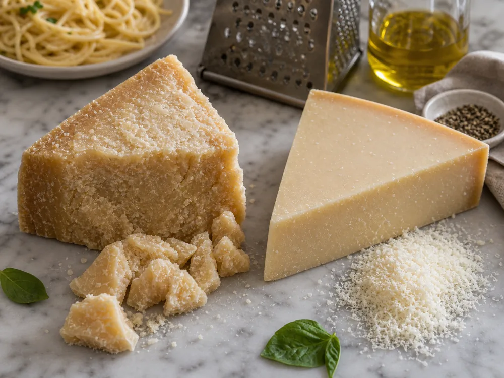 Two hard grating cheese wedges with chunks and grated cheese.