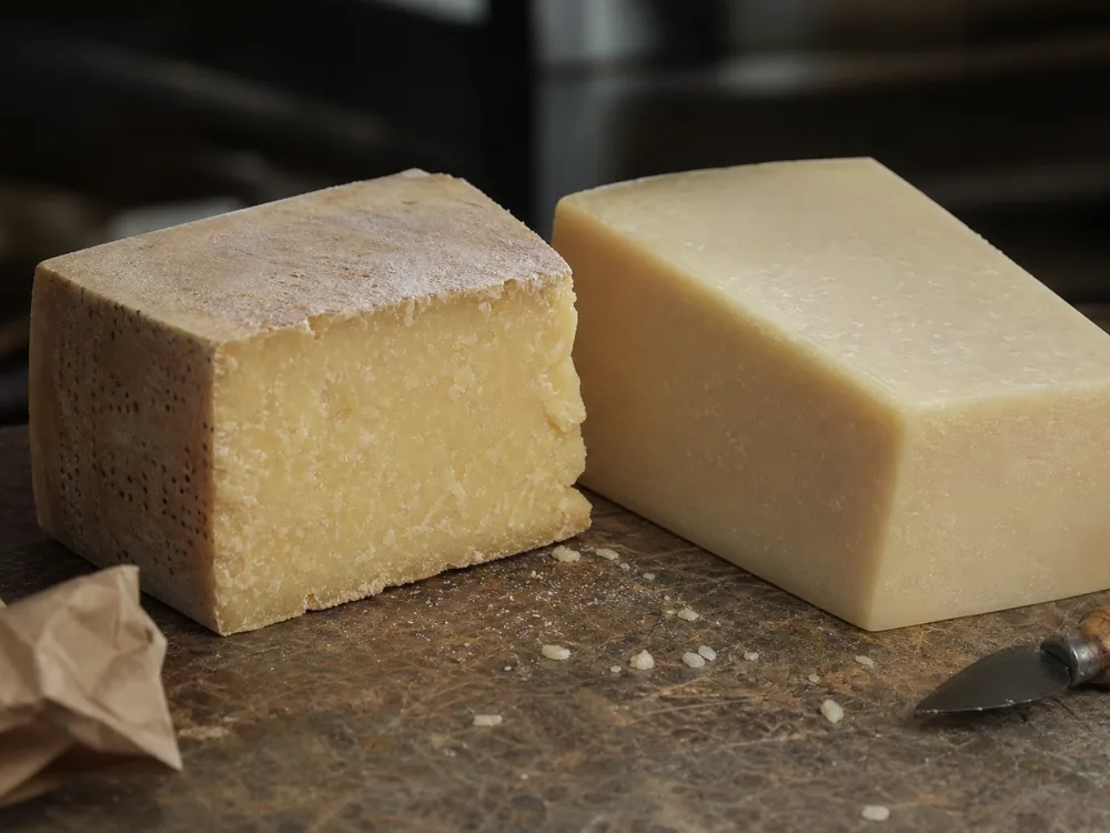 Stippled natural rind and crystalline paste beside a plain smooth-cut wedge - Parmigiano-Reggiano vs Parmesan | KnowTheCheese