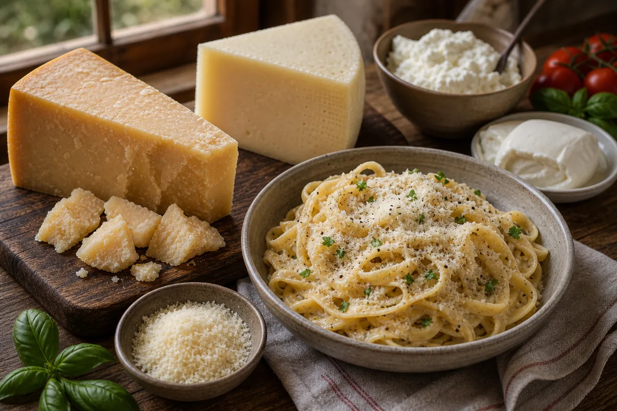 Pasta bowl with grated cheese beside Parmigiano-style wedge and shards, Pecorino-style wedge, ricotta, and mozzarella - Best cheese for pasta | KnowTheCheese
