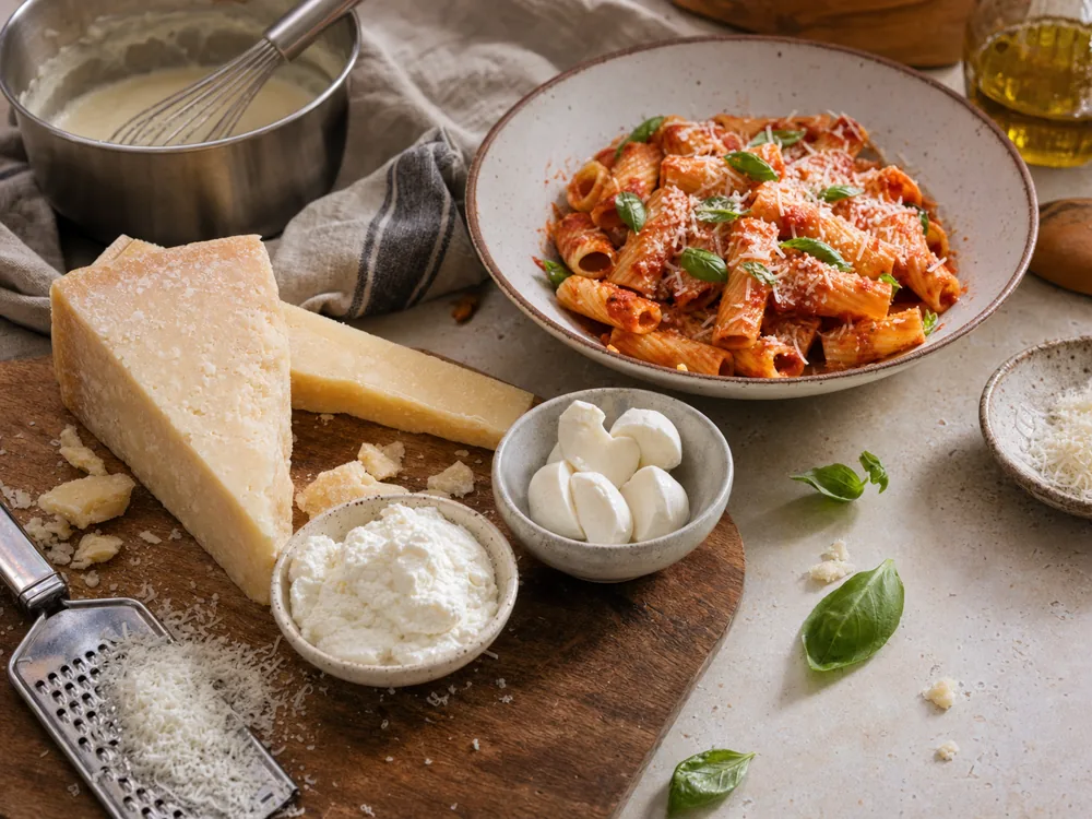 Pasta bowl with Parmesan-style wedge, grated cheese, ricotta, mozzarella pieces, and a small sauce pan