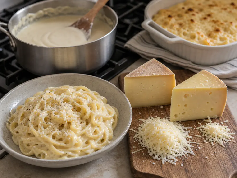 Creamy pasta with Gruyere-style and Fontina-style cheese beside a saucepan and baked gratin - Best cheese for pasta | KnowTheCheese