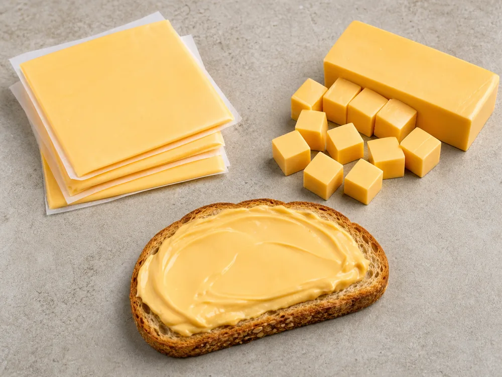 Processed cheese slices cubes and spread showing different formats - Pasteurized Processed Cheese | KnowTheCheese