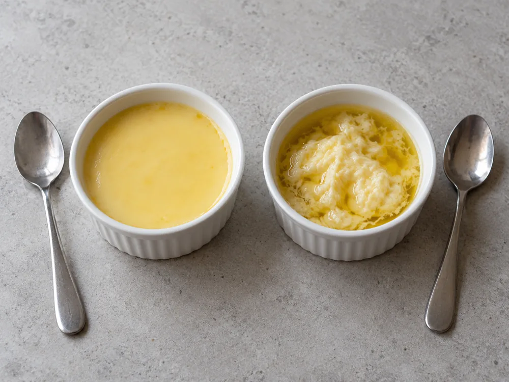 Two ramekins of melted cheese, one smooth and glossy and one split into clumps in pooled fat - Pasteurized Processed Cheese | KnowTheCheese