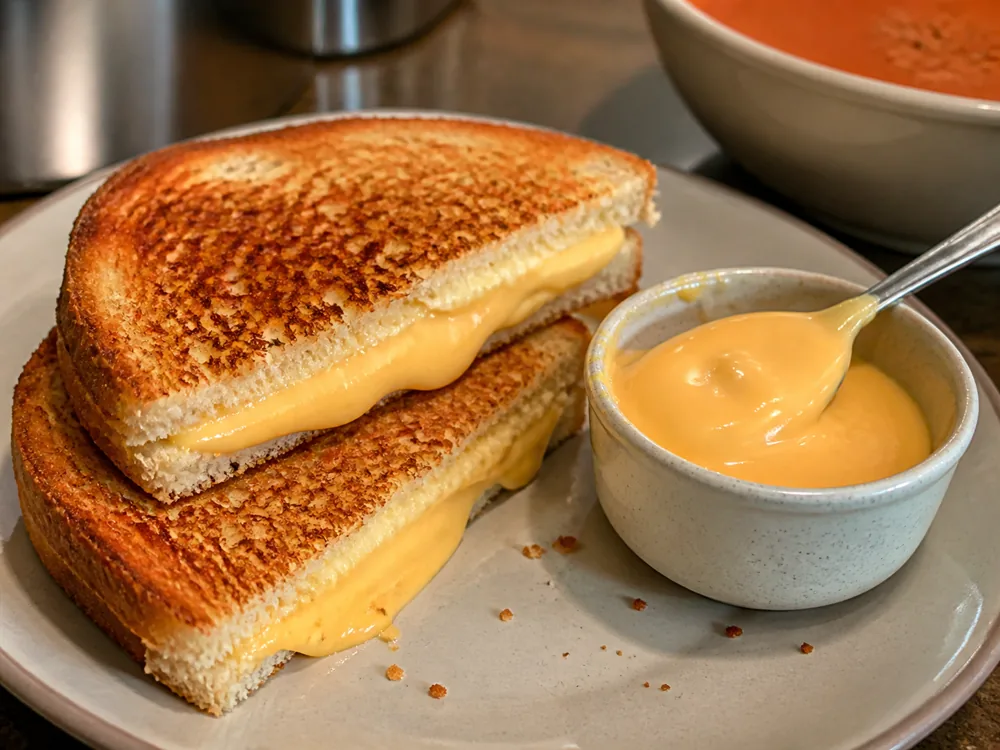 Grilled sandwich with smooth processed cheese melt and small cheese sauce bowl - Pasteurized Processed Cheese | KnowTheCheese