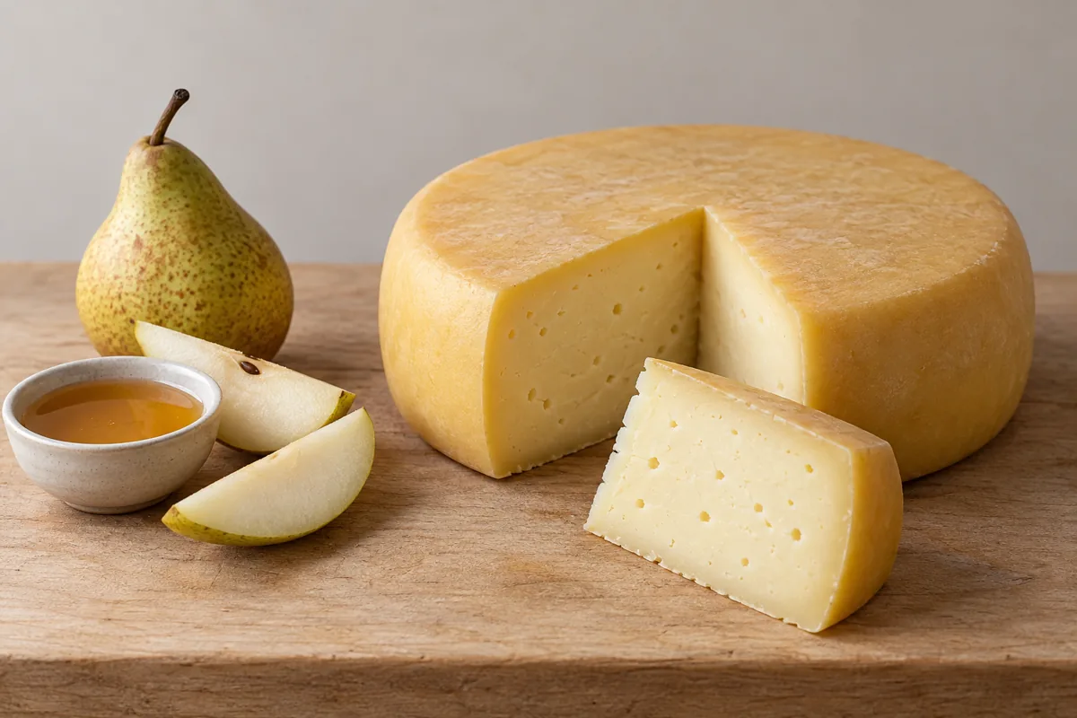 Pecorino Toscano wheel with a wedge cut out beside a pear and a small bowl of honey - Pecorino Toscano | KnowTheCheese
