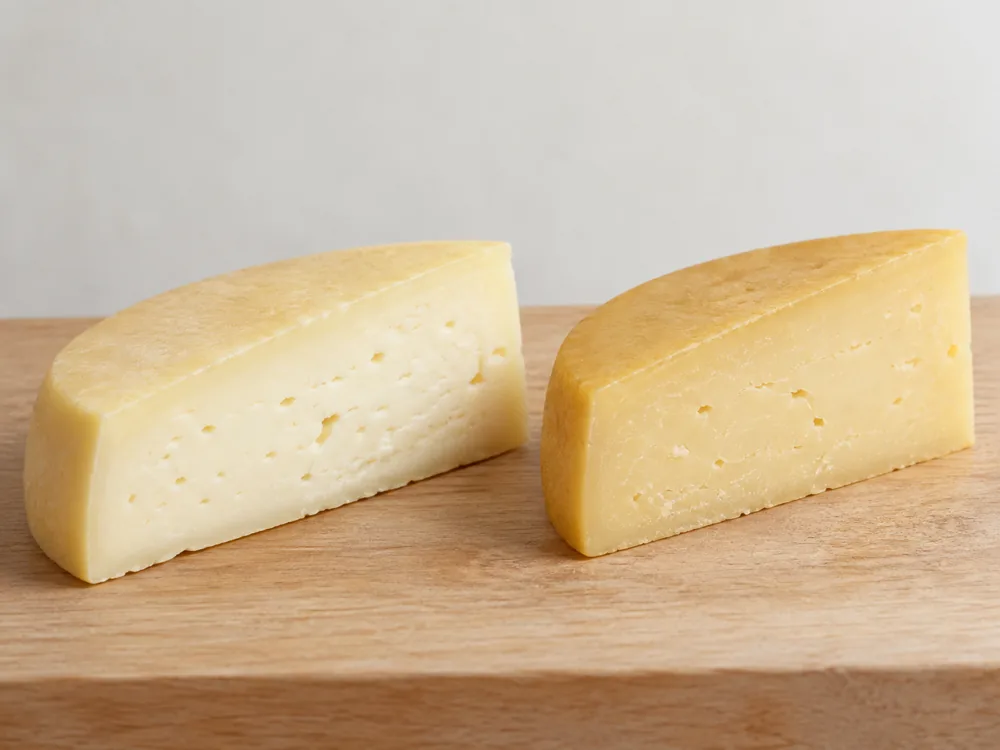 Fresh Pecorino Toscano with white paste beside aged Pecorino Toscano with pale straw paste - Pecorino Toscano | KnowTheCheese