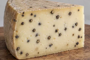 A wedge of Pepato cheese studded with whole black peppercorns - Pepato | KnowTheCheese
