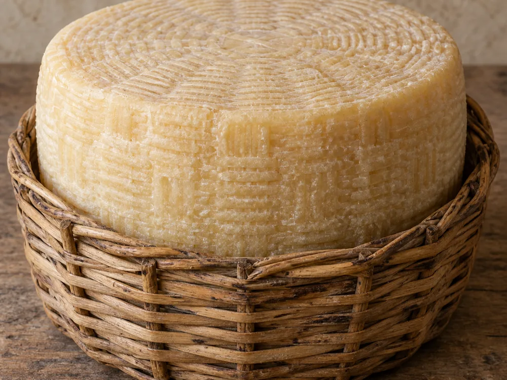 A round of pecorino cheese in the traditional reed basket that marks its rind - Pepato | KnowTheCheese
