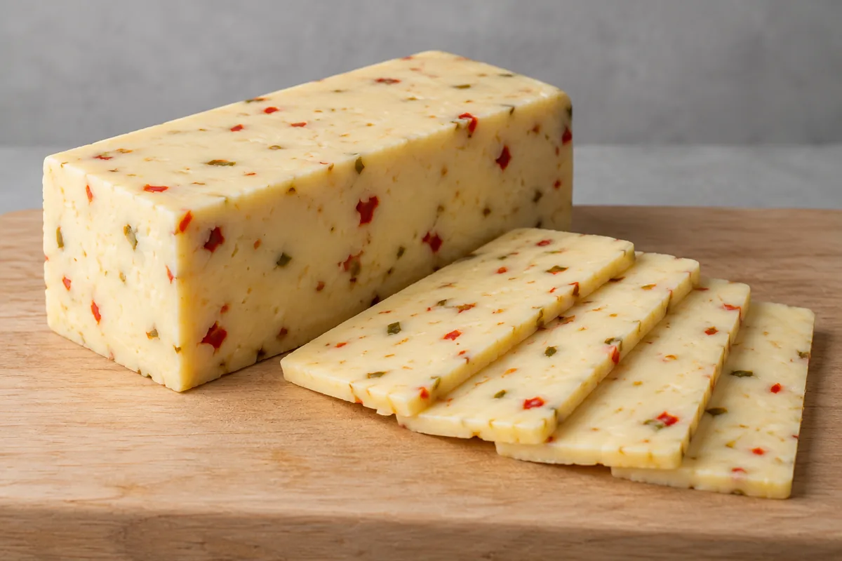 Pepper Jack block and four slices, pale yellow with red and green pepper specks - Pepper Jack cheese | KnowTheCheese