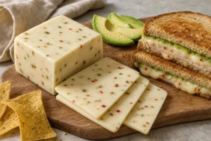 Pepper Jack block and slices with chile flecks beside a turkey melt and avocado - Pepper Jack cheese | KnowTheCheese