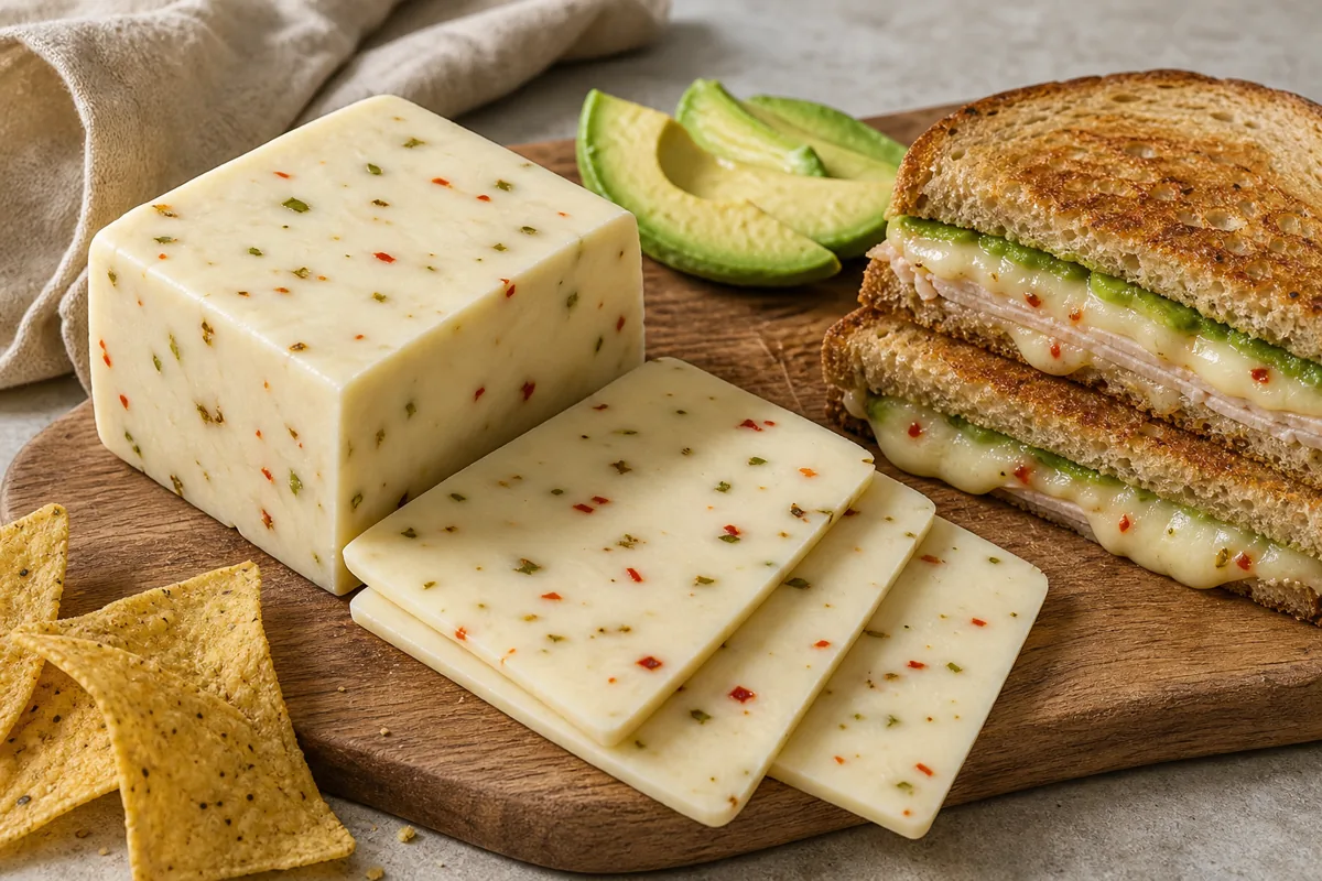 Pepper Jack block and slices with chile flecks beside a turkey melt and avocado - Pepper Jack cheese | KnowTheCheese