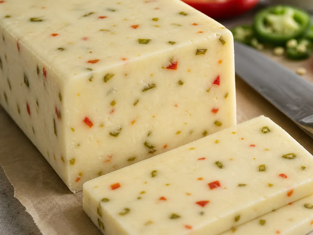 Close cut Pepper Jack showing green and red chile flecks in the pale paste - Pepper Jack cheese | KnowTheCheese