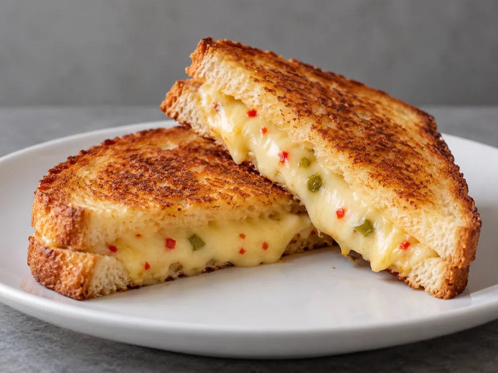 Grilled cheese sandwich cut in half with melted Pepper Jack showing red and green pepper specks - Pepper Jack cheese | KnowTheCheese