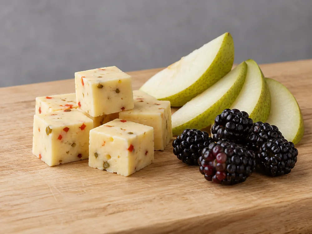 Pepper Jack cubes with red and green pepper specks beside pear slices and blackberries - Pepper Jack cheese | KnowTheCheese