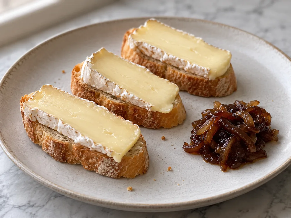 Slices of soft white-rind cheese on baguette beside caramelised onions - Perl Wen | KnowTheCheese