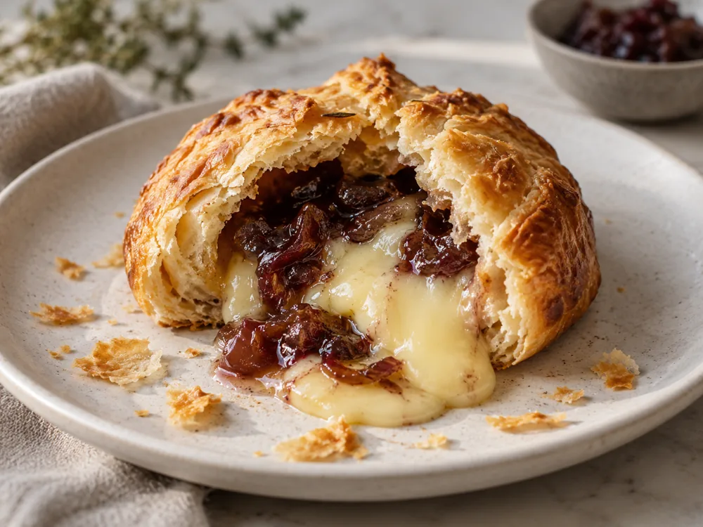 A baked pastry parcel broken open with melted soft cheese and chutney - Perl Wen | KnowTheCheese