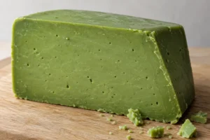 A cut block of green Gouda-style cheese with a smooth paste on a wooden board - Pesto Verde | KnowTheCheese