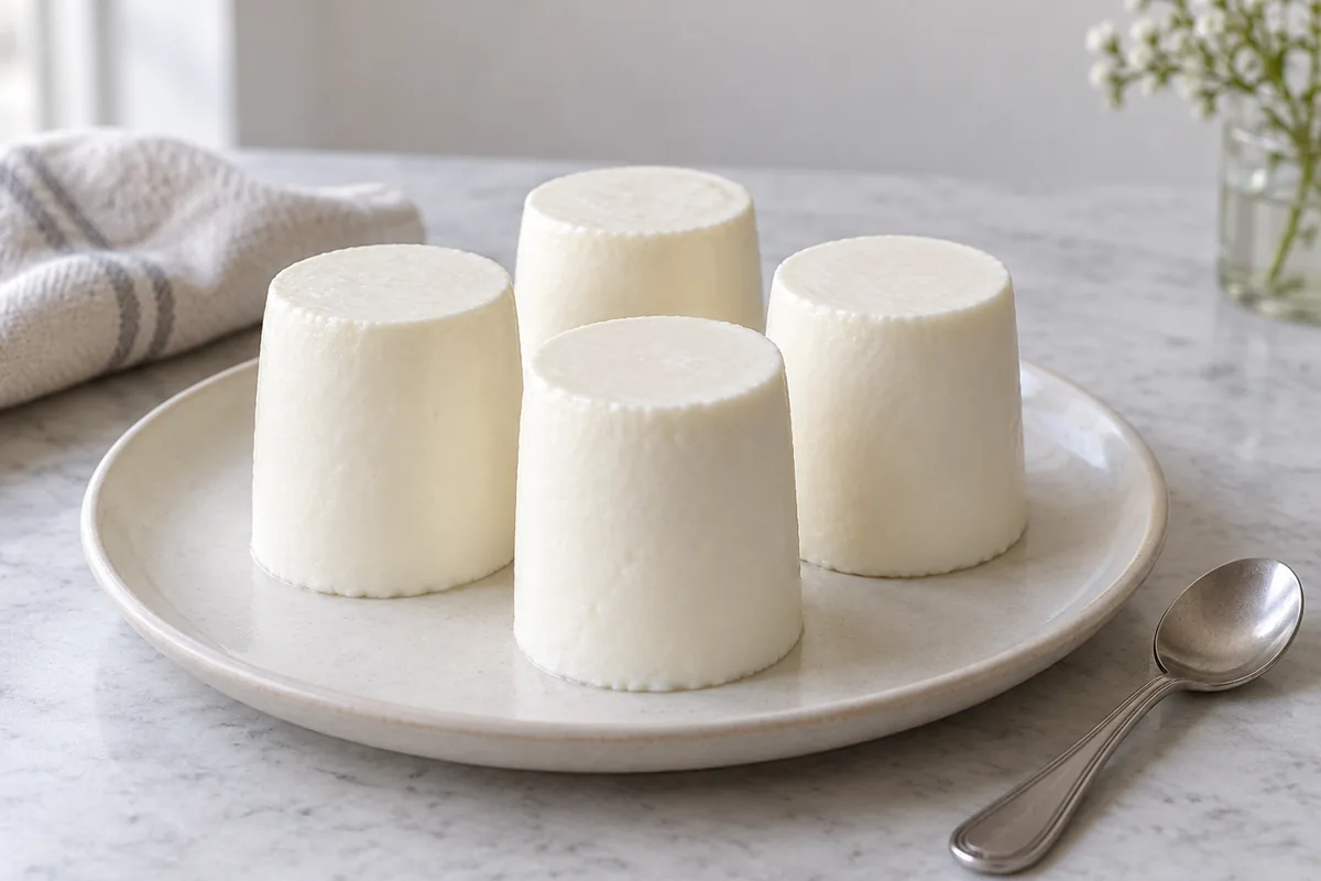 Four unmoulded white cylinders of Petit Suisse fresh cheese on a plate - Petit Suisse | KnowTheCheese