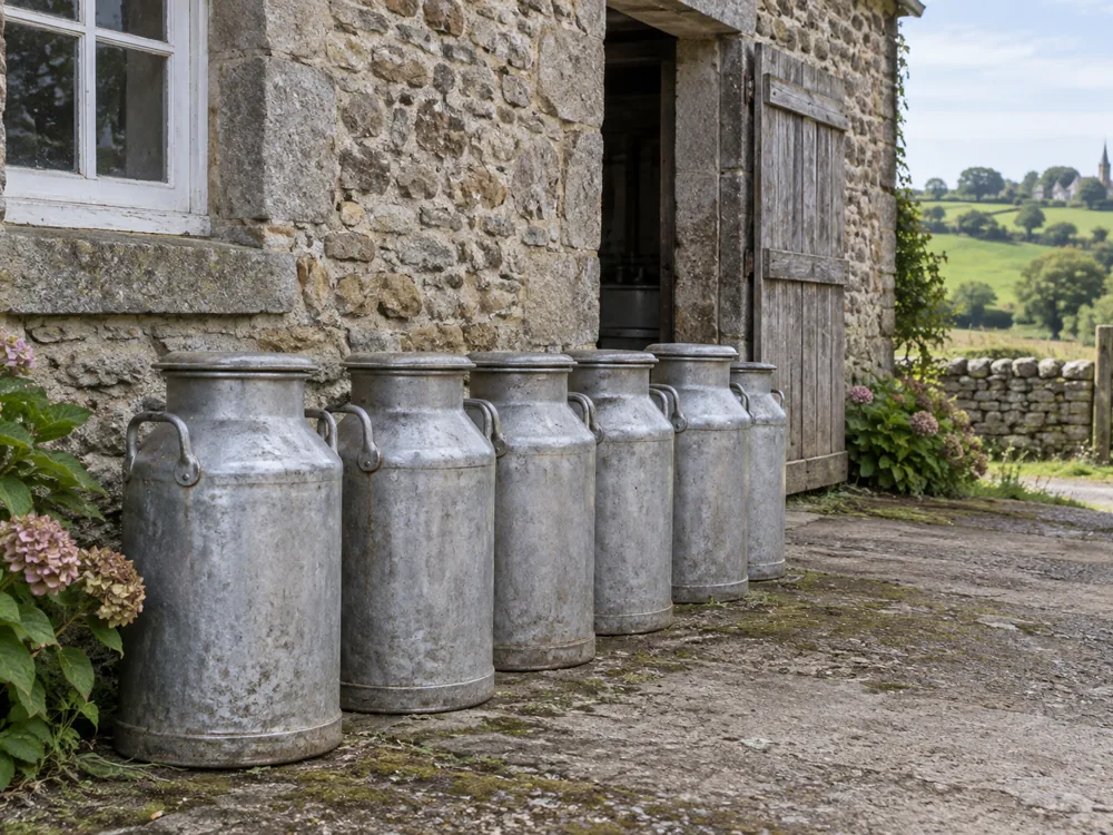 Traditional milk churns outside a Normandy farm dairy - Petit Suisse | KnowTheCheese
