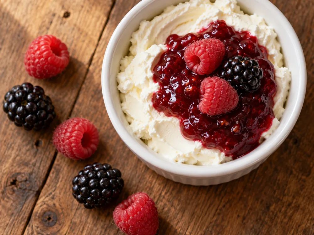 A pot of Petit Suisse topped with berry jam - Petit Suisse | KnowTheCheese