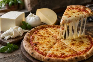 Cheese pizza with long mozzarella stretch beside low-moisture mozzarella, fresh mozzarella, and burrata - Best cheese for pizza | KnowTheCheese