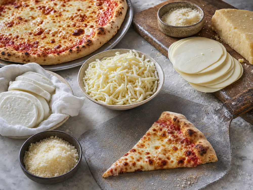 Pizza prep table with mozzarella shreds, drained fresh mozzarella slices, provolone-style slices, grated finishing cheese, and browned pizza slices - Best cheese for pizza | KnowTheCheese