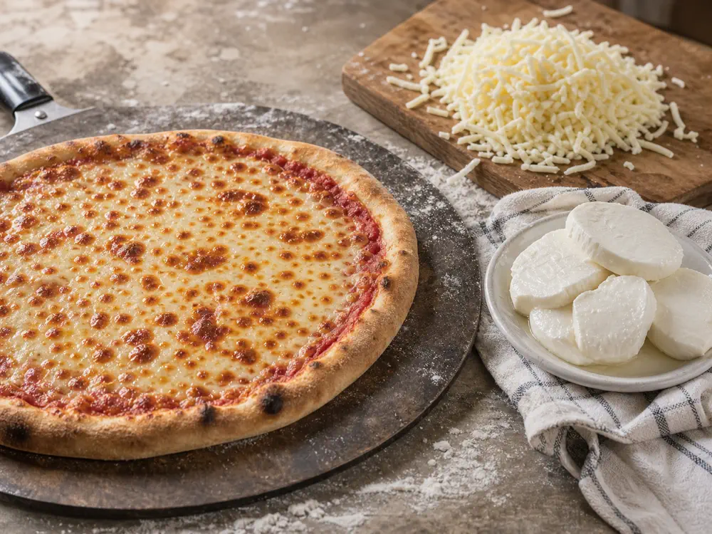 Home-oven pizza prep with low-moisture cheese on a pie beside drained fresh mozzarella and measured accent cheese on a floured prep surface - Best cheese for pizza | KnowTheCheese