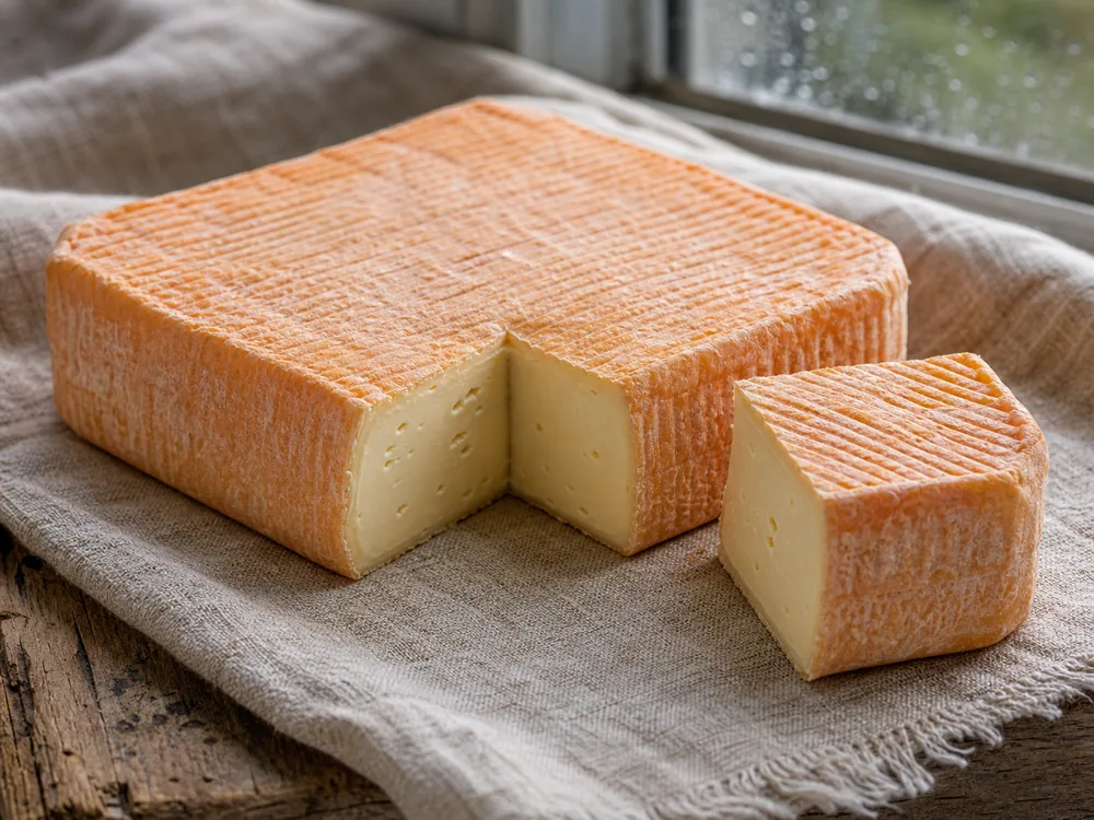 Square Pont-l'Eveque cut open to show its washed rind and paste - Pont-l'Eveque | KnowTheCheese