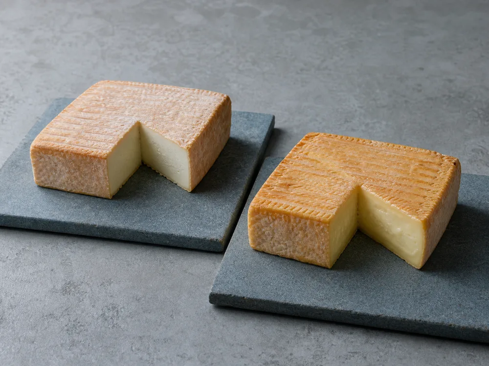 Young firm Pont-l'Eveque beside a ripe uniformly supple cheese - Pont-l'Eveque | KnowTheCheese