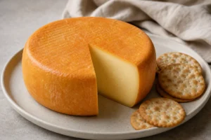 Round of Port Salut with smooth orange rind and pale paste - Port Salut cheese | KnowTheCheese