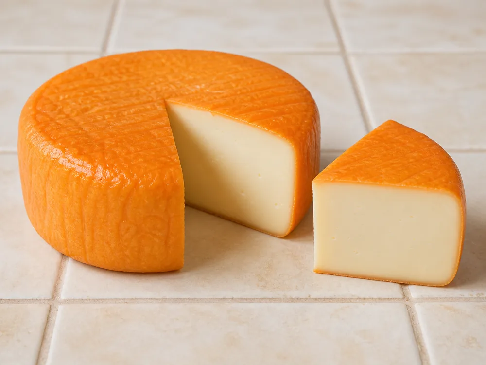 Port Salut wheel showing its orange exterior and smooth pale paste - Port Salut | KnowTheCheese