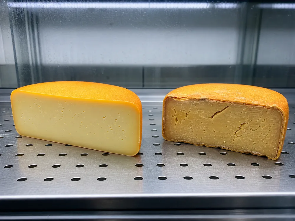 Fresh smooth Port Salut wedge beside a dry cracked wedge - Port Salut | KnowTheCheese