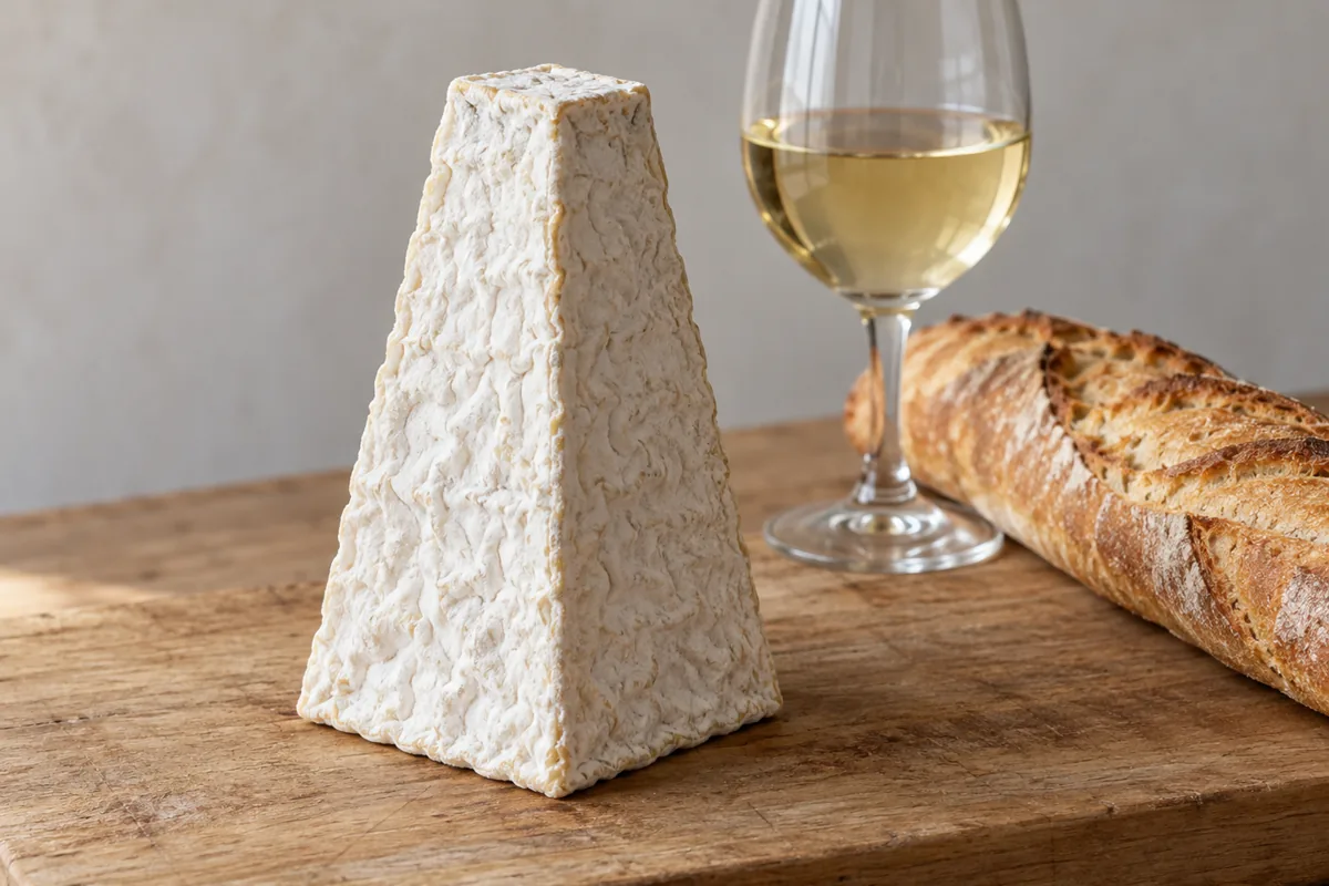 Tall square-based goat cheese pyramid with a flat top and wrinkled white rind beside a glass of white wine and a baguette - Pouligny-Saint-Pierre | KnowTheCheese