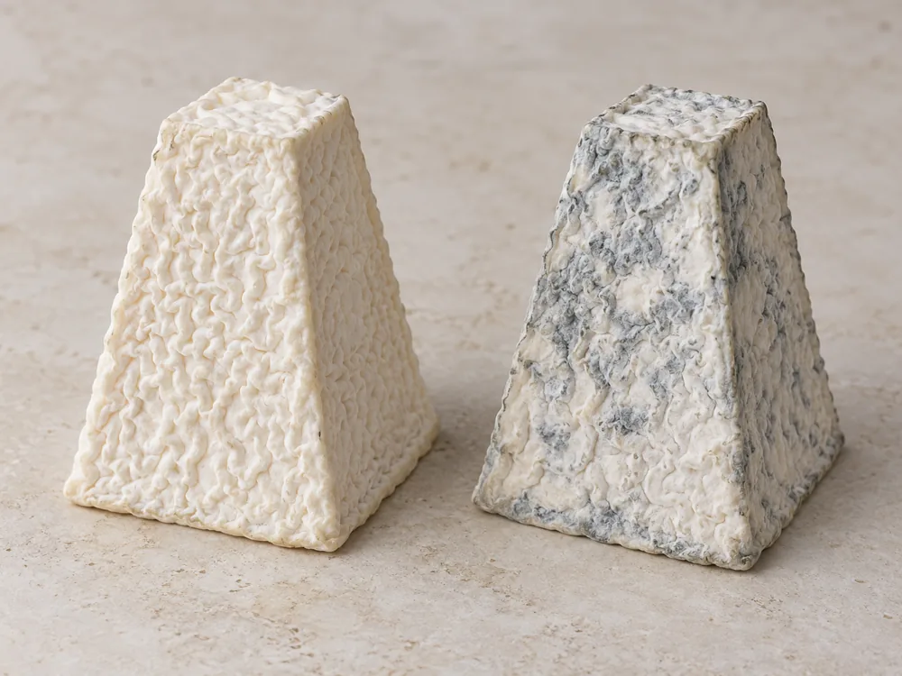 Two square-based goat cheese pyramids, one with a white rind and one with a slightly bluish rind - Pouligny-Saint-Pierre | KnowTheCheese