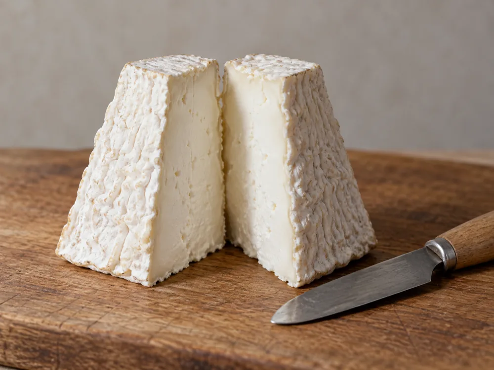 Goat cheese pyramid cut vertically from top to base, showing a smooth white paste - Pouligny-Saint-Pierre | KnowTheCheese