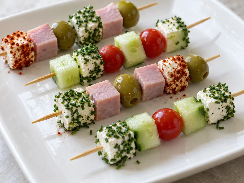 Cheese cubes rolled in chives or paprika on small skewers with ham, green olives, cucumber and cherry tomatoes - Pouligny-Saint-Pierre | KnowTheCheese