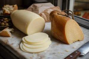 Young Provolone Dolce beside aged Provolone Piccante on an Italian deli prep counter - Provolone cheese | KnowTheCheese