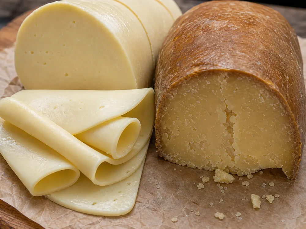 Young Provolone Dolce slices beside an aged Provolone Piccante wedge showing their texture contrast - Provolone cheese | KnowTheCheese