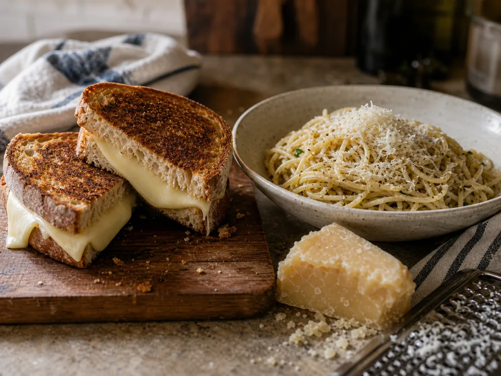 Melted Provolone sandwich beside pasta finished with grated aged Provolone - Provolone cheese | KnowTheCheese