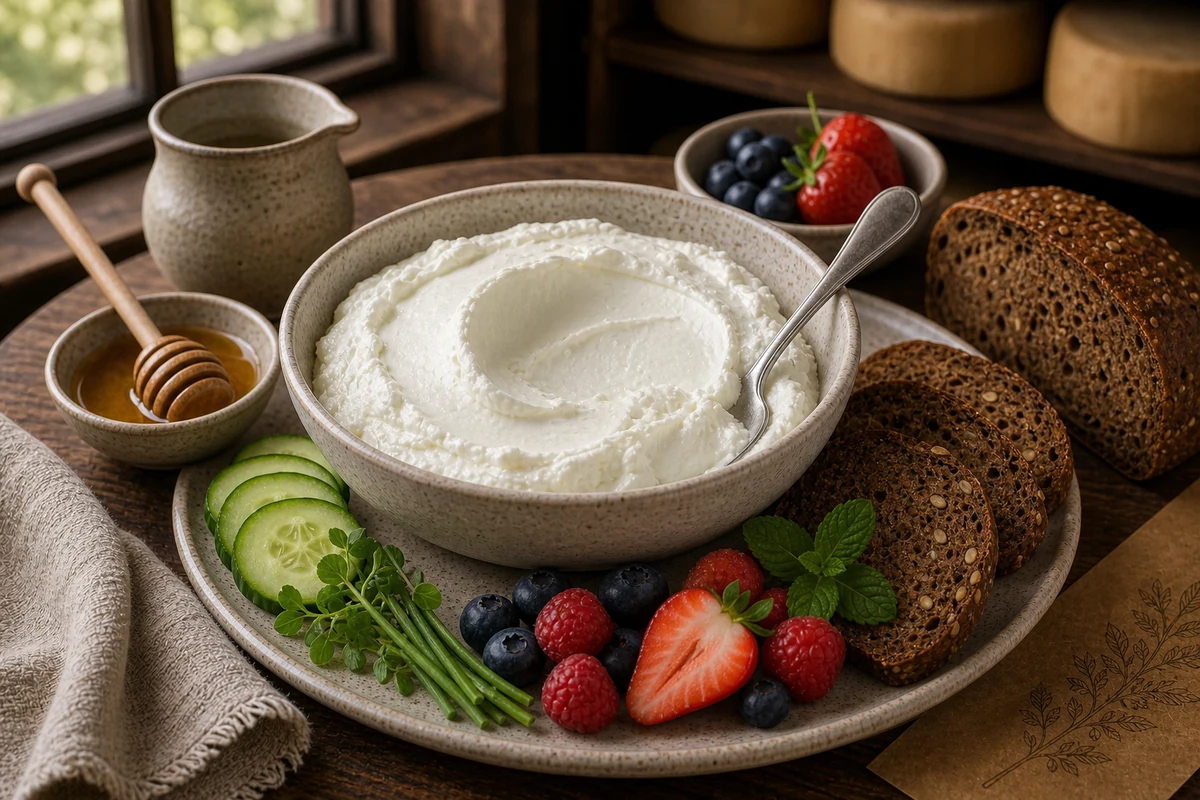 Smooth quark in a bowl with rye bread, berries, cucumber, herbs, and honey - Quark cheese | KnowTheCheese